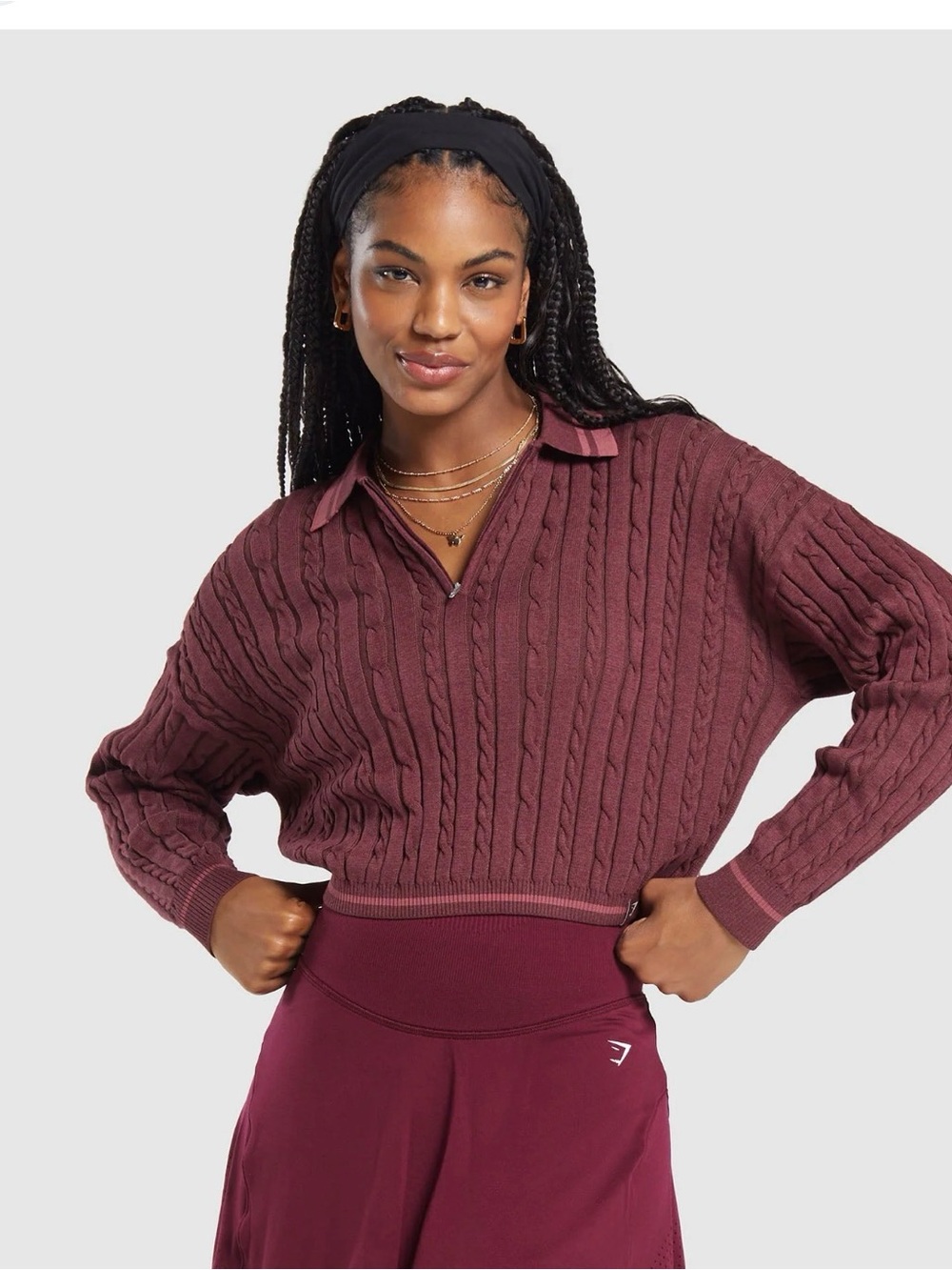 Gymshark Women's Cable Knit V-Neck Rest Day Pullover Sweater Size XL Burgundy